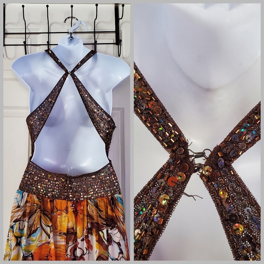 Carraz Beverly Hills Halter Embellished Gown Floral Sleeveless Sequin Medium - Picture 11 of 16